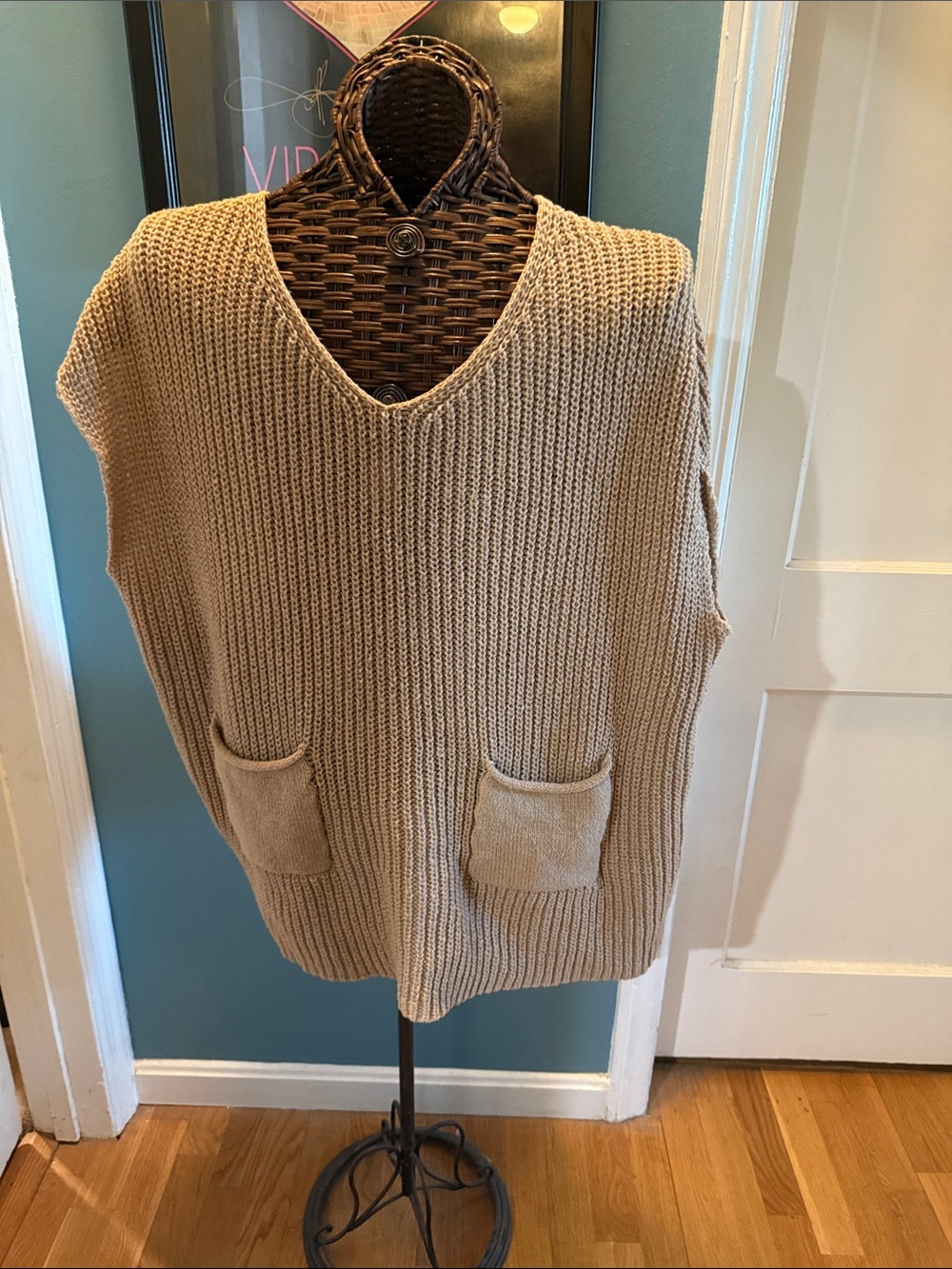 Knit V-Neck Pocket Sweater Vest in Camel